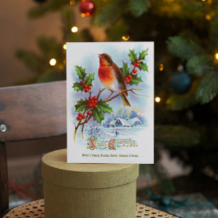 Invitation Red Robin Christmas Holly Vintage Message de bienv