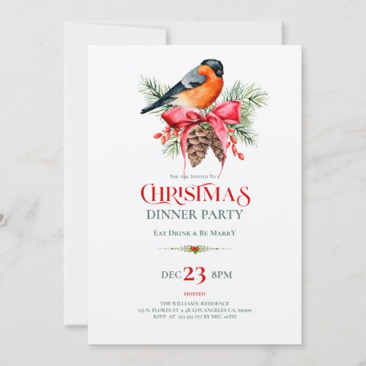 Invitation Red Robin with pinecones Christmas design (Devant)