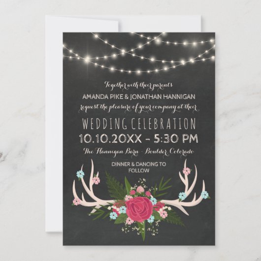 Invitation Red Rose Antlers - Rustique Mariage de tableau de  (Devant)