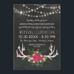 Invitation Red Rose Antlers - Rustique Mariage de tableau de<br><div class="desc">Un faire-part de mariage de tableau rustique avec des bois de cerf dessinés à la main et décorés de fleurs, comme des roses, des trèfles, le souffle du bébé, et de la verdure, comme la fougère et d'autres feuilles. Entre les bois fleuris et les rangées de lumières à cordes brillantes,...</div>