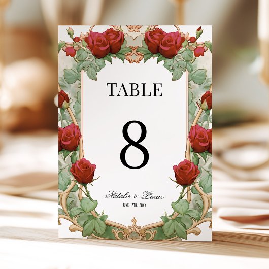 Invitation Red Rose Art Nouveau Wedding Table Number