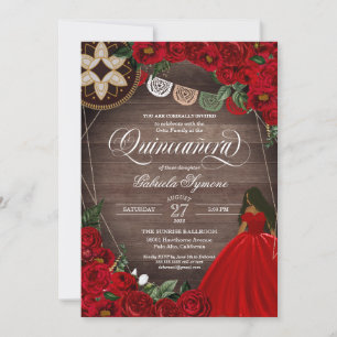 Invitation Red Rose Ball Gown Western Charro Quinceañera 15e