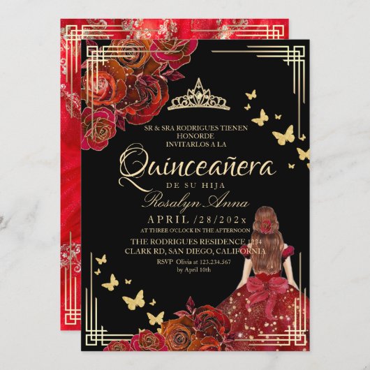 Invitation Red Rose Black Gold Butterfly Quinceañera (Devant / Derrière)