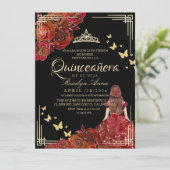 Invitation Red Rose Black Gold Butterfly Quinceañera (Debout devant)