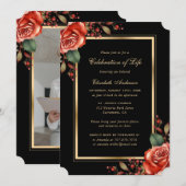 Invitation Red Rose Black Gold Photo Célébration de la vie (Devant / Derrière)