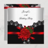 Invitation Red Rose Black Lace White Silver Party (Devant / Derrière)