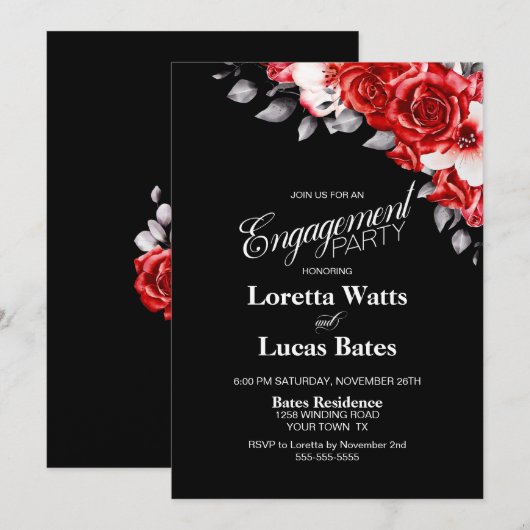 Invitation Red Rose Floral Black Engagement Party (Devant / Derrière)