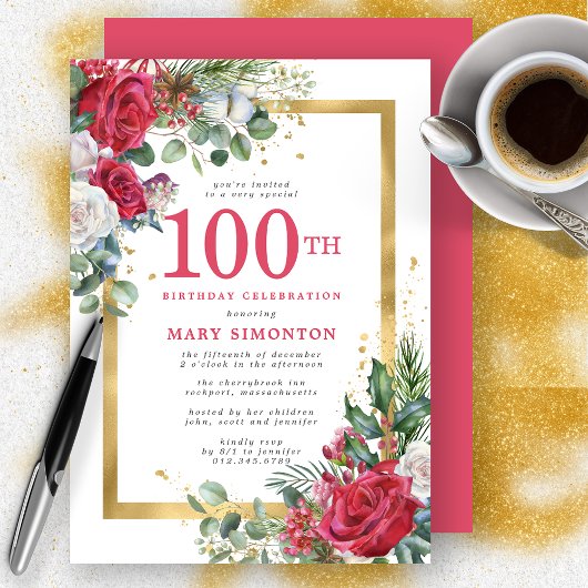 Invitation Red Rose Gold Holly 100e anniversaire