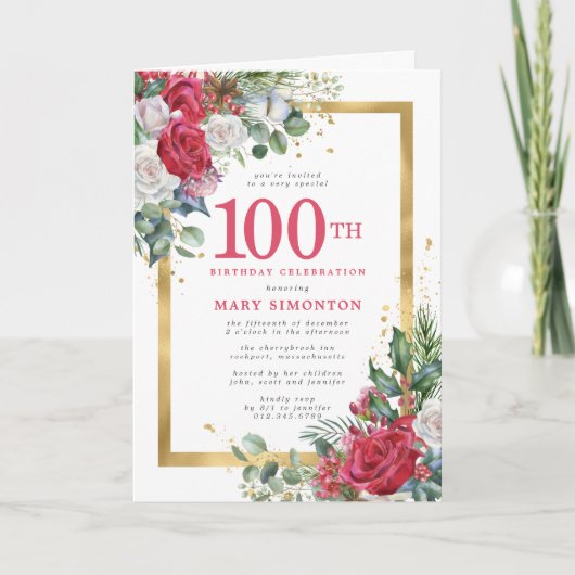 Invitation Red Rose Gold Holly 100e fête d'anniversaire (Devant)
