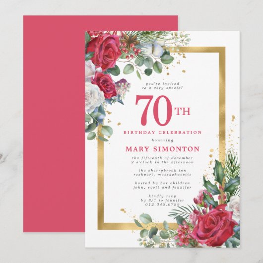 Invitation Red Rose Gold Holly 70e anniversaire (Devant / Derrière)