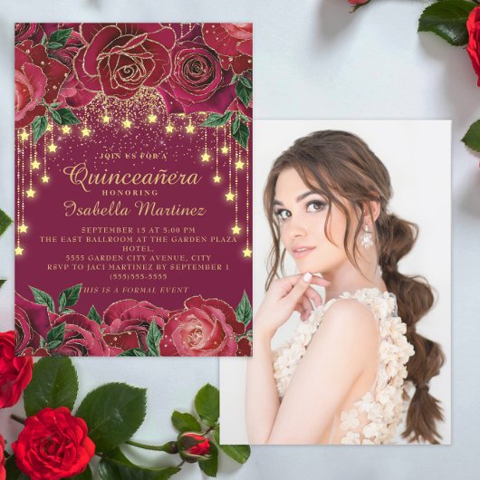 Invitation Red Rose Gold String Light Star Photo Quinceañera