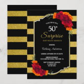 Invitation Red Rose Gold Stripe Surprise 50e anniversaire Dîn (Devant / Derrière)