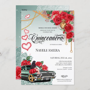 Invitation Red Rose Green Lowrider Mexicana Quince Anniversai