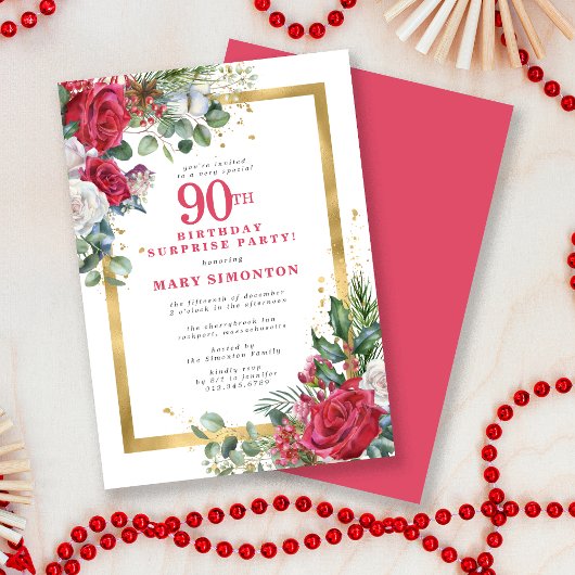 Invitation Red Rose Holly 90e anniversaire Surprise Party