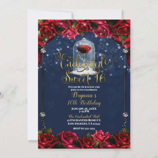 Invitation Red Rose Marine Blue Gold Sweet 16 16e Parti (Devant)
