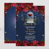 Invitation Red Rose Marine Blue Gold Sweet 16 16e Parti (Devant / Derrière)