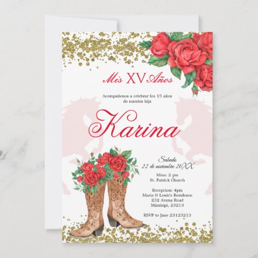 Invitation Red Rose Mexicaine Charra 15 Quinceanera Invitatio (Devant)