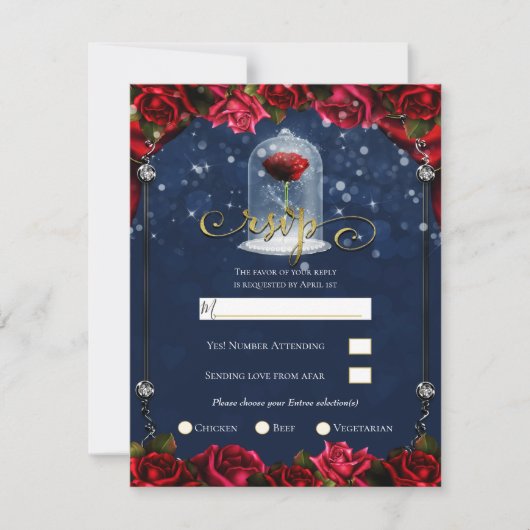 Invitation Red Rose Navy Blue Princess Sparkle Party RSVP (Devant)