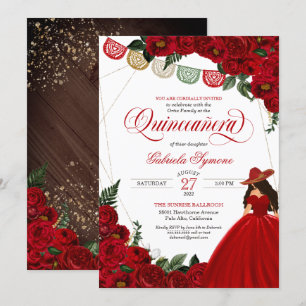 Invitation Red Rose Papado Picado Western Charra Quinceañera