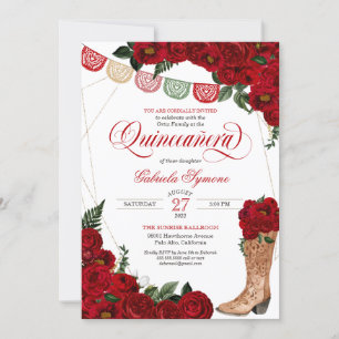 Invitation Red Rose Papado Picado Western Charro Quinceañera