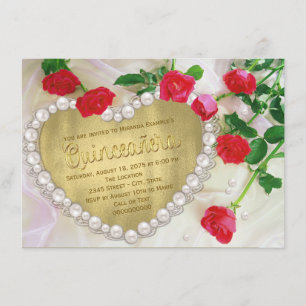 Invitation Red Rose Pearl Heart Quinceañera