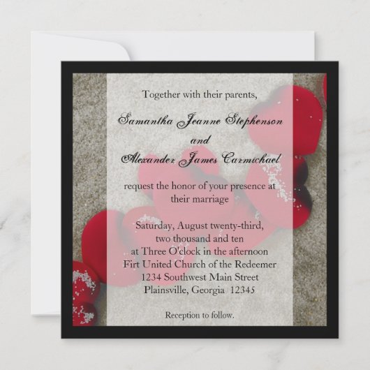 Invitation Red Rose Petals sur Sand Beach Mariage (Devant)