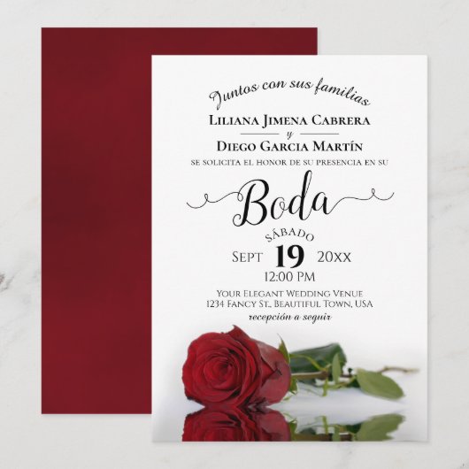 Invitation Red Rose romantique espagnol Boda Mariage (Devant / Derrière)