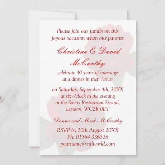 Invitation Red roses 40th Ruby Mariage Anniversaire Invitatio (Dos)