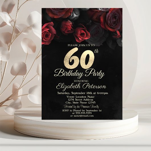 Invitation Red Roses Black Gold 60e anniversaire