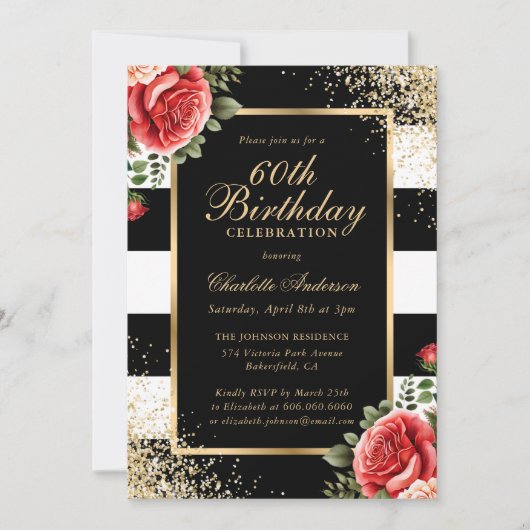 Invitation Red Roses Black Gold Confetti 60e anniversaire (Devant)