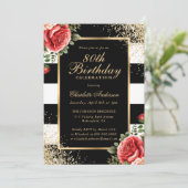 Invitation Red Roses Black Gold Confetti 80e anniversaire (Debout devant)