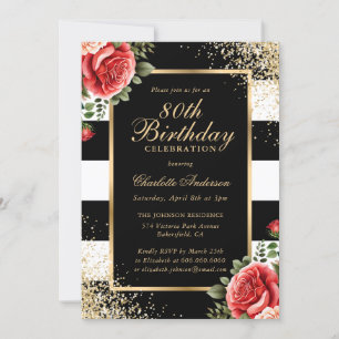Invitation Red Roses Black Gold Confetti 80e anniversaire