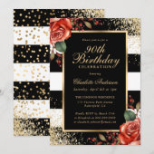 Invitation Red Roses Black Gold Confetti 90e anniversaire (Devant / Derrière)