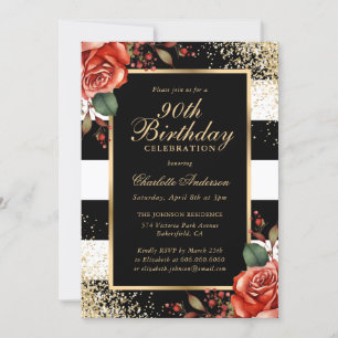 Invitation Red Roses Black Gold Confetti 90e anniversaire