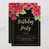 Invitation Red Roses Black & Gold Parties scintillant Anniver (Devant / Derrière)