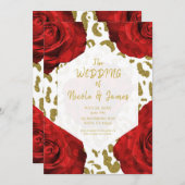 Invitation Red Roses Blanc Or Cheetah Leopard Chic Mariage (Devant / Derrière)