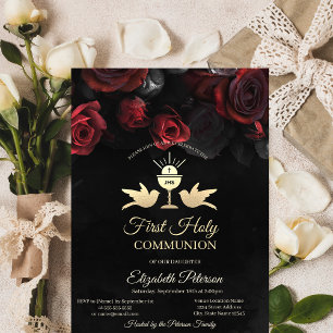 Invitation Red Roses Chalice Première communion sainte