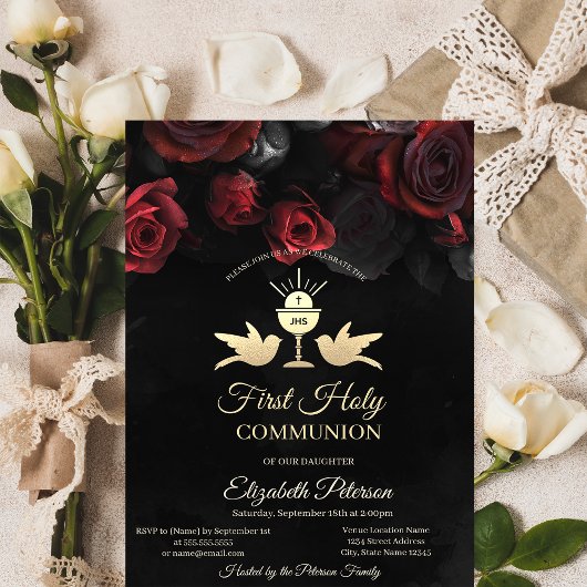 Invitation Red Roses Chalice Première communion sainte