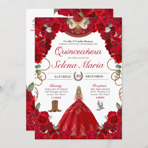 Invitation Red Roses Charro Élégant Peonies Rose Quinceanera