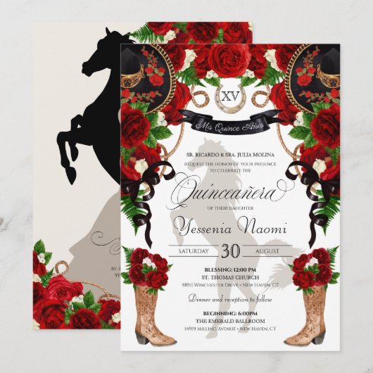 Invitation Red Roses Charro noir Occidental Elégant Quinceane (Devant / Derrière)