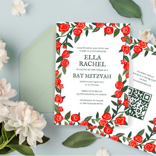 Invitation Red Roses Custom Bat Bar Mitzvah QR Code Girl