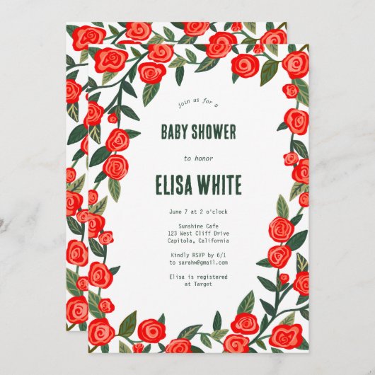Invitation Red Roses CUSTOM QR Code BABY SHOWER (Devant / Derrière)