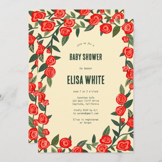 Invitation Red Roses CUSTOM QR Code BABY SHOWER (Devant / Derrière)
