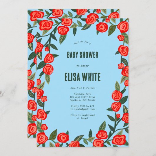 Invitation Red Roses CUSTOM QR Code BABY SHOWER (Devant / Derrière)