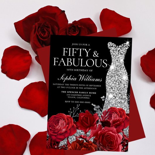 Invitation Red Roses Diamond Gown Noir 50e fête d'anniversair