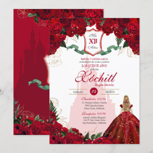 Invitation Red Roses Élégant Château Princesse Quinceanera