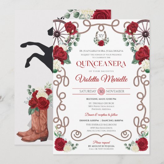 Invitation Red Roses Elegant Western Charro Quinceanera (Devant / Derrière)