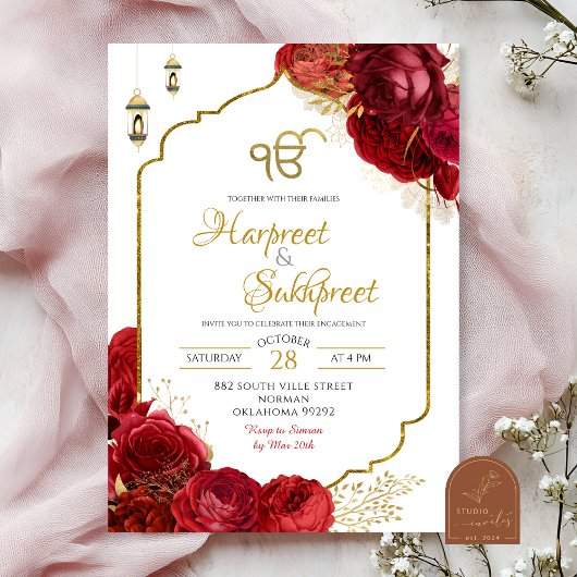Invitation Red Roses Floral Ik Onkar Indian Wedding