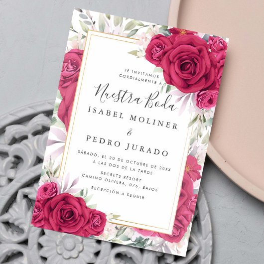 Invitation Red Roses Floral Nuestra Boda Mariage espagnol