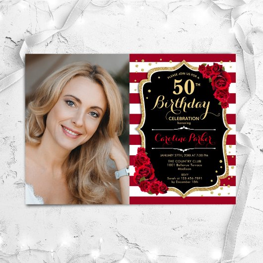 Invitation Red Roses Gold Black Photo 50e anniversaire